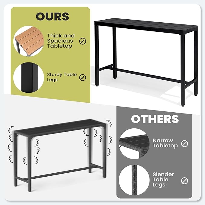 Crestlive Products Outdoor Bar Table, 55'' Rectangle Patio Counter Height Table High Pub Table with Waterproof Top and Sturdy Metal Frame for Balcony, Bistro, Garden, Backyard, Hot Tub (Black)