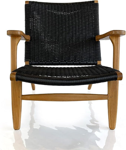 Indonesian Grade A Teak Wood Monterey Club Lounge Chair. Midcentury Modern Comfortable Design Chair Double handweaved Rope. Backyard, Poolside, Balcony Living Room. (Black)