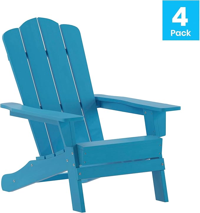 Flash Furniture Newport Adirondack Chairs with Cup Holders, Weather Resistant Poly Resin Adirondack Chairs, Set of 4, Blue
