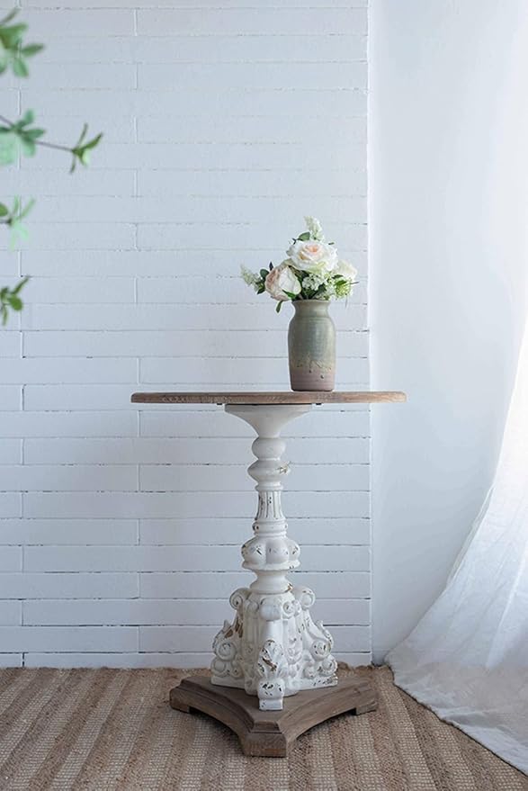 Patio Round Wood Side Table French Country Circle End Table Small Coffee Tables Drink Table with Pedestal Bedside Tables Nightstand for Small Spaces Living Room Distressed White & Wood