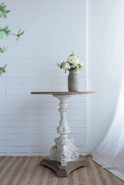 Patio Round Wood Side Table French Country Circle End Table Small Coffee Tables Drink Table with Pedestal Bedside Tables Nightstand for Small Spaces Living Room Distressed White & Wood