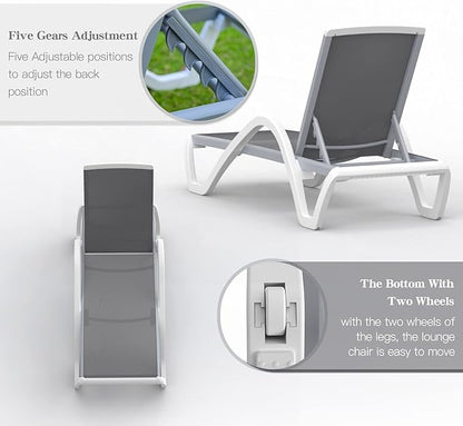 Domi Patio Chaise Lounge Chair Set of 3,Outdoor Aluminum Polypropylene Sunbathing Chair with Adjustable Backrest,Arm,Side Table,for Beach,Yard,Balcony,Poolside(2 Gray Chairs W/Table)