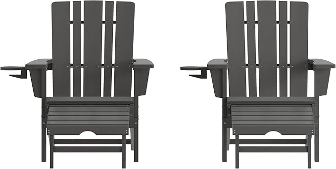 Taylor & Logan Hedley Adirondack Chair with Cup Holder and Pull Out Ottoman, All-Weather HDPE Indoor/Outdoor Lounge Chair in Gray, Set of 2