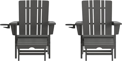 Taylor & Logan Hedley Adirondack Chair with Cup Holder and Pull Out Ottoman, All-Weather HDPE Indoor/Outdoor Lounge Chair in Gray, Set of 2