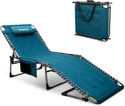 KingCamp Oversized Tanning Chair, Extra-Wide Padded Folding Chase Lounge Chairs Portable Adjustable 5-Position 440lbs Heavy Duty Lounger with Double-Layer Oxford for Outdoor Beach Patio Sun Pool Blue
