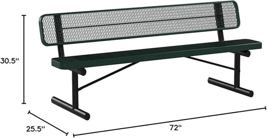 COATEDOUTDOORFURNITURE Coated Outdoor Furniture Heavy-Duty Portable Outdoor Bench Thermoplastic Coated, Expanded Metal, Commercial-Grade Seating, Made in America (Portable with Back, 6 Ft, Green)