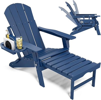 Adjustable Adirondack Chair with Retractable Ottoman, HDPE Folding Adirondack Chair with Cup Holder, All Weather Fire Pit Chair for Outdoor.