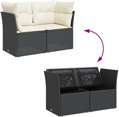 Black PE Rattan 2-Seater Garden Sofa with Removable Covers, Modular Outdoor Furniture Set for Patio, Weather-Resistant and Comfortable Seating with Hidden Storage