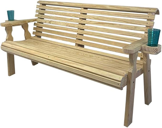 Amish Casual Heavy Duty Pressure Treated 5 Foot Outdoor Garden Bench with Cup Holders - Amish Crafted Roll Back Design in Unfinished, 700 Lb Weight Capacity