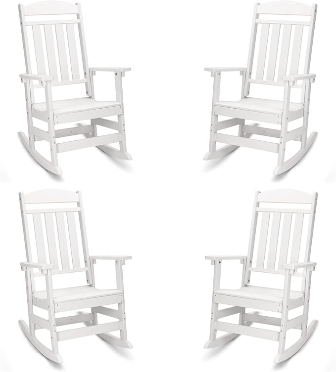 FOOWIN Outdoor Rocking Chair Set of 4, High Back Patio Rocking Chair, HDPE All Weather Resistant Porch Rocker for Adult, Oversized Rocking Chairs for Garden, Lawn, Indoor & Outdoor Use, White