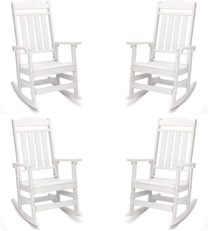 FOOWIN Outdoor Rocking Chair Set of 4, High Back Patio Rocking Chair, HDPE All Weather Resistant Porch Rocker for Adult, Oversized Rocking Chairs for Garden, Lawn, Indoor & Outdoor Use, White