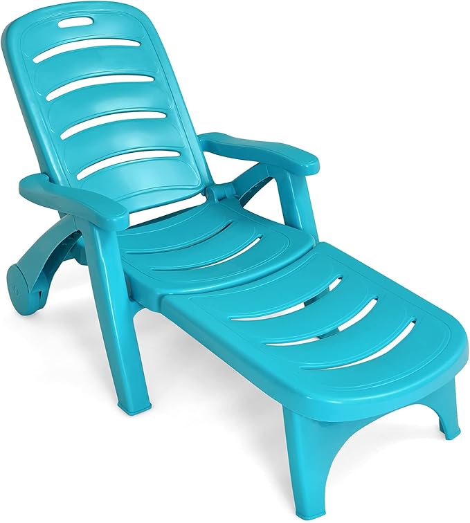 COSTWAY Folding Chaise Lounge with Wheels, 5-Position Adjustable Recliner for Sunbathing, Seaside (Turquoise) - Photo 1