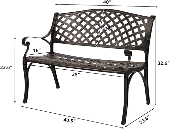 Outdoor Garden Bench, 40.5" Outdoor Aluminum Garden Bench, Waterproof Patio Bench, Garden Park Bench, Weight Capacity 529 LBS, for Lawn, Yard, Porch, Work Entryway (Bronze)