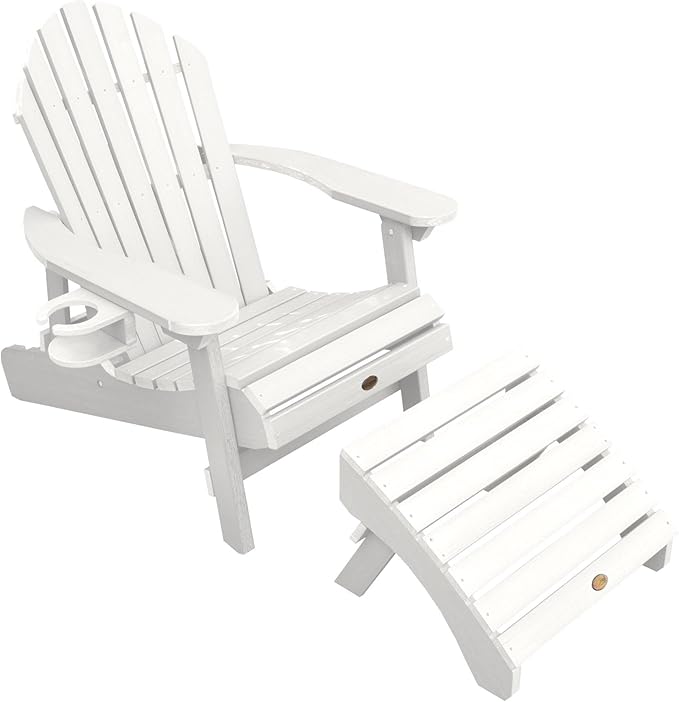 highwood AD-KITCHL5-WHE Hamilton Folding & Reclining Adirondack Chair with Ottman and Cup Holder, White