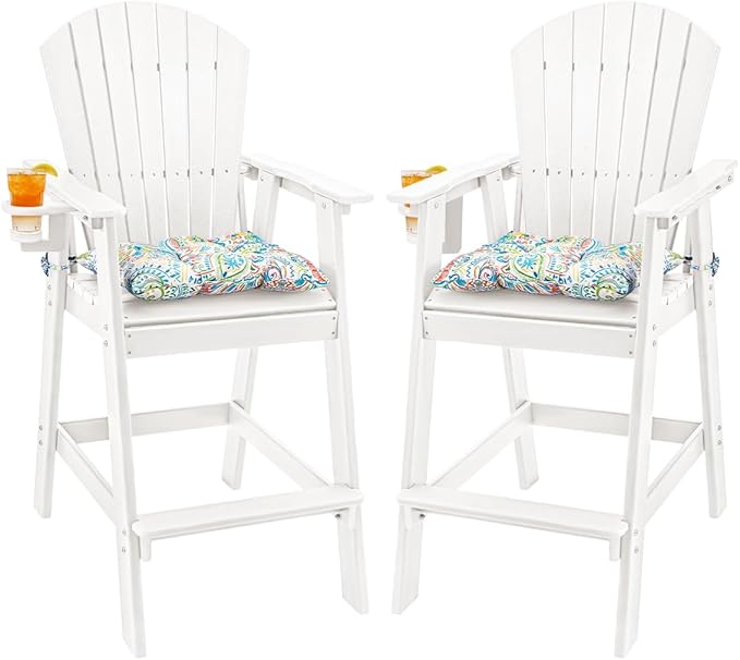 Sundale Outdoor Tall Adirondack Chairs Set of 2, 30 Inch Seat Height Patio Adirondack Bar Stools, HDPE Pub Chairs with Backrest, Tall Bistro Dining Counter Stool with Cushion, All-Weather, White