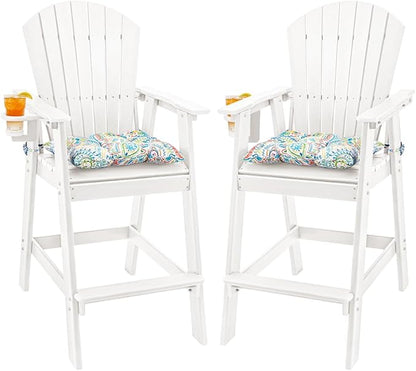 Sundale Outdoor Tall Adirondack Chairs Set of 2, 30 Inch Seat Height Patio Adirondack Bar Stools, HDPE Pub Chairs with Backrest, Tall Bistro Dining Counter Stool with Cushion, All-Weather, White
