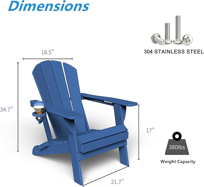 GLANC Folding Adirondack Chair Set of 2, HDPE All-Weather Outdoor Patio Fire Pit Chairs Lawn Chair for Poolside Backyard Deck Balcony, Wooden Textured with Cup Holder, 380LBS Capacity (Navy Blue)