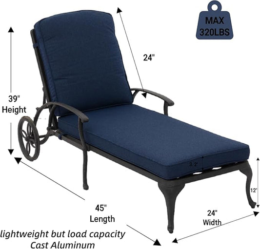 Chaise Lounge Outdoor Chair with Wheels, Adjustable Reclining Rust-Resistant Aluminum Cast Poolside Chaise Lounge Furniture with Waterproof Denim Blue Cushion (1pc)
