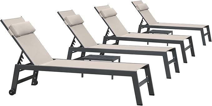 PURPLE LEAF Outdoor Lounge Chair Set Patio Chaise Pool Lounger Aluminum Frame with 2 Side Table and Wheels for Outside Sunbathing Tanning Recliner Including Pillows Beige