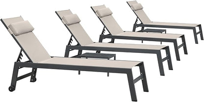 PURPLE LEAF Outdoor Lounge Chair Set Patio Chaise Pool Lounger Aluminum Frame with 2 Side Table and Wheels for Outside Sunbathing Tanning Recliner Including Pillows Beige