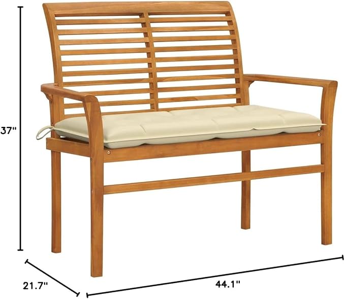 Patio Bench with Cream White Cushion,Outdoor Bench,Garden Bench,Balcony Bench,Outdoor Furniture,Picnic Table Bench, for The Front Porch, Patio, Deck, Balcony or Backyard,44.1" Solid Teak Wood
