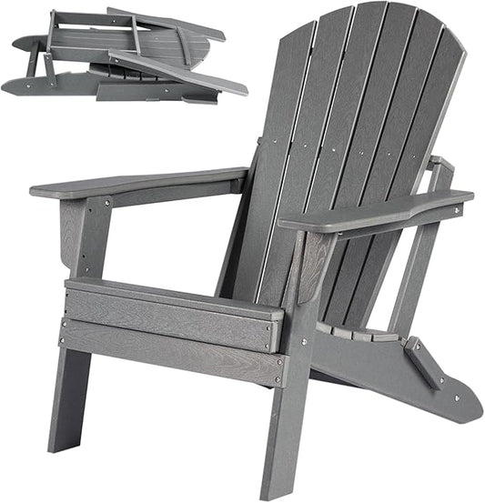 CABIHOME Folding Adirondack Chairs with Wide Armrest and Deep Seat, Foldable Plastic Outdoor Chair, Weather Resistant | Waterproof | UV Resistant for Patio, Lawn Garden Backyard Fire Pit, HDPE, Grey