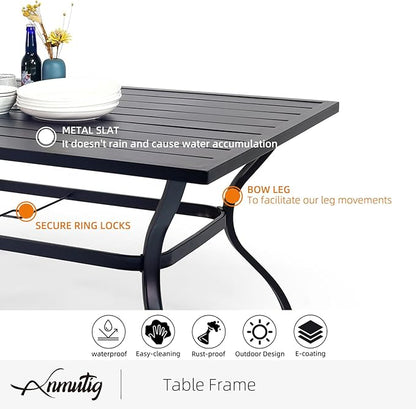 60" x 38" Rectangle Outdoor Patio Dining Table with Umbrella Hole, Weather-Resistant for 6 Person
