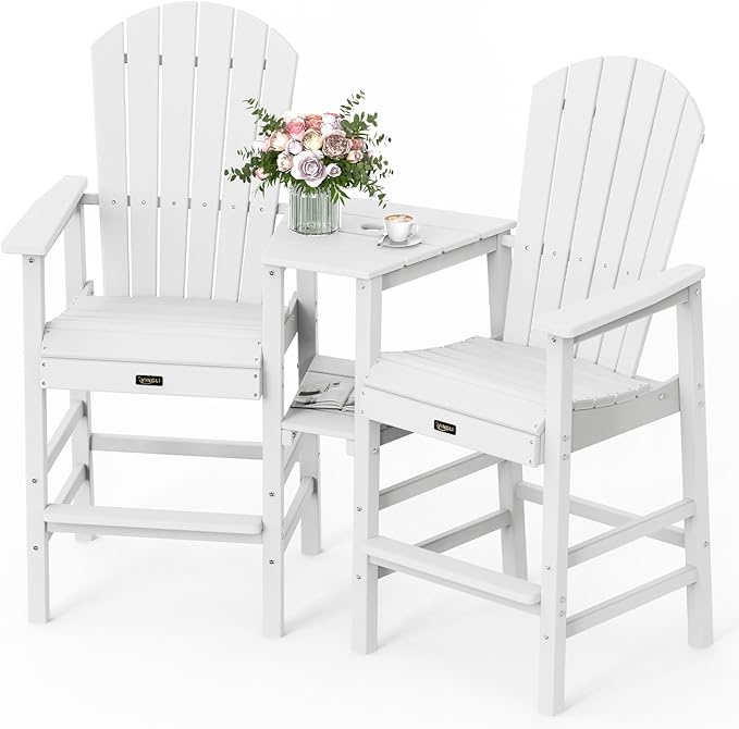 VINGLI Tall Adirondack Chairs Set of 2, All Weather HDPE Bar Height Adirondack Chair with Double Trays, Adirondack Barstools for Balcony, Poolside, Backyard and Patio (White)