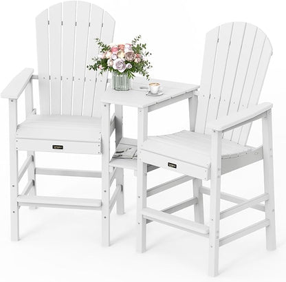 VINGLI Tall Adirondack Chairs Set of 2, All Weather HDPE Bar Height Adirondack Chair with Double Trays, Adirondack Barstools for Balcony, Poolside, Backyard and Patio (White)