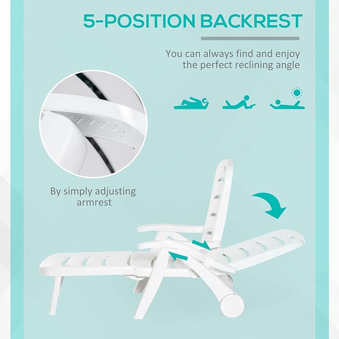 Outsunny Outdoor Chaise Lounge, 5 Level Adjustable Backrest Lounge Chair with Wheels, Folding Tanning Chair for Pool - Photo 6