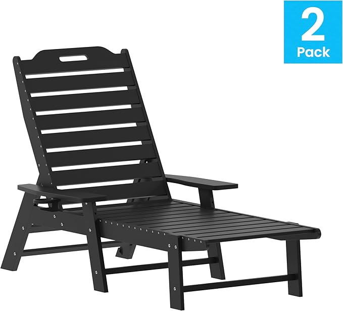 Flash Furniture Monterey Adjustable Adirondack Loungers with Cup Holders- All-Weather Indoor/Outdoor HDPE Lounge Chairs, Set of 2, Black