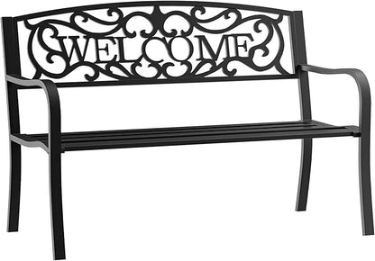 50" Outdoor Welcome Bench, Metal Garden Bench with Slatted Seat, Patio Bench with Backrest and Armrests for Park, Porch, Yard, Lawn, Black