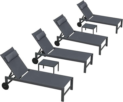 PURPLE LEAF Patio Lounge Chair Set Outdoor Chaise Lounger Aluminum Frame with 2 Side Table and Wheels for Pool Outside Sunbathing Tanning Recliner Including Pillows Gray