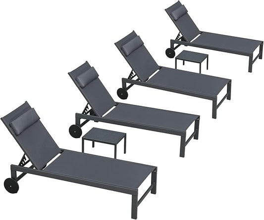 PURPLE LEAF Patio Lounge Chair Set Outdoor Chaise Lounger Aluminum Frame with 2 Side Table and Wheels for Pool Outside Sunbathing Tanning Recliner Including Pillows Gray