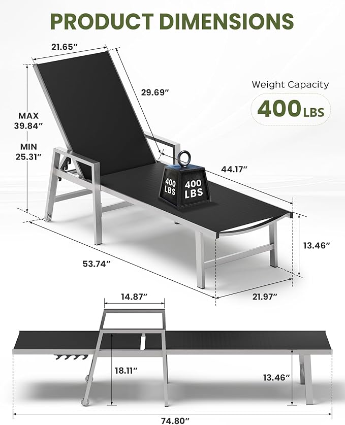 Patio Chaise Lounge Chair Outdoor with Wheels&Armrests, Aluminum Pool Lounge Chairs Set of 2 Five-Position Adjustable Recliner, Outdoor Beach Lounge Chairs for Poolside, Patio, Deck, Garden, Black