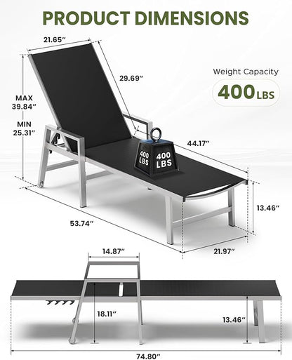 Patio Chaise Lounge Chair Outdoor with Wheels&Armrests, Aluminum Pool Lounge Chairs Set of 2 Five-Position Adjustable Recliner, Outdoor Beach Lounge Chairs for Poolside, Patio, Deck, Garden, Black