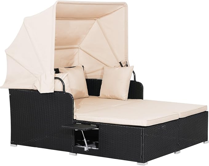 RELAX4LIFE Patio Outdoor Daybed with Canopy, Wicker Sunbed w/Cushions, 4 Pillows & 2 Retractable Side Trays - Photo 1