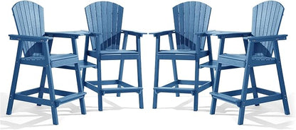 PASAMIC Tall Adirondack Chair Set of 4, All-Weather HDPE Outdoor Chairs with Removable Double Trays, Bar Height Adirondack Chairs for Balcony, Deck, Patio, Backyard, Blue