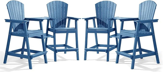 PASAMIC Tall Adirondack Chair Set of 4, All-Weather HDPE Outdoor Chairs with Removable Double Trays, Bar Height Adirondack Chairs for Balcony, Deck, Patio, Backyard, Blue