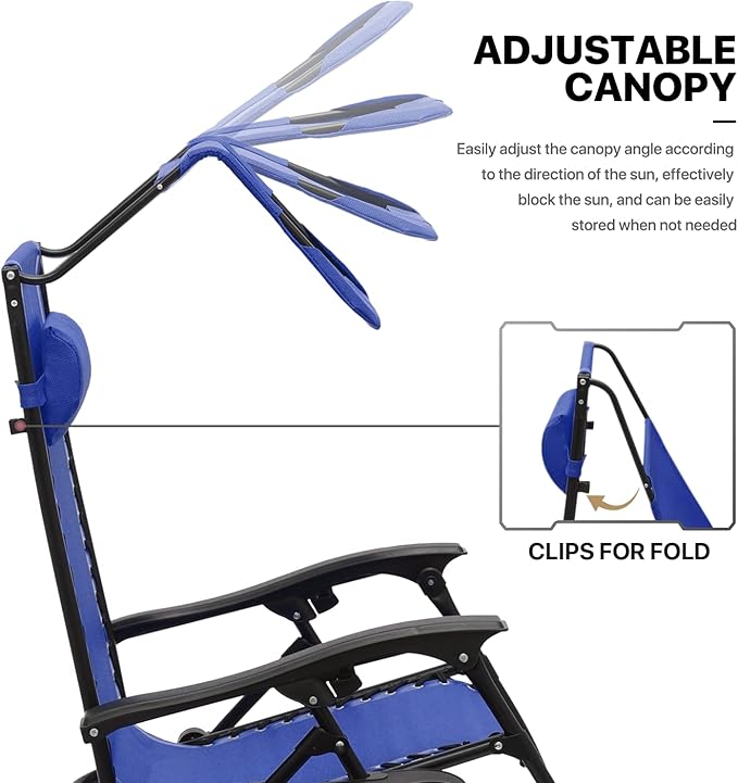 MoNiBloom Zero Gravity Chair Set of 2 with Canopy Shade, Patio Folding Anti Gravity Recliner, Foldable Outdoor Lounger with Cup Holder Tray for Beach Camping, Blue