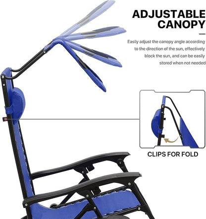 MoNiBloom Zero Gravity Chair Set of 2 with Canopy Shade, Patio Folding Anti Gravity Recliner, Foldable Outdoor Lounger with Cup Holder Tray for Beach Camping, Blue