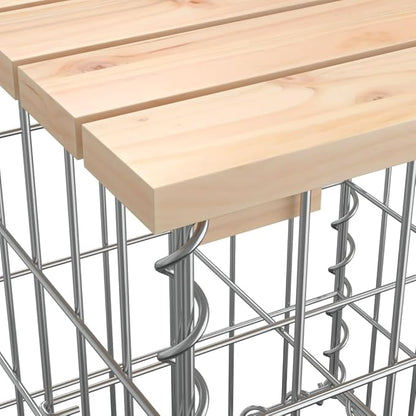Garden Bench Natural Wood and Silver, Solid Pine Wood Outdoor Seating with Gabion Base, Weatherproof Patio Furniture for 3 People