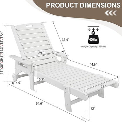 Outdoor Pool Chaise Lounge Chair, HDPE 5-Position Patio Lounge Chair with Wheels & Cup Holder for Pool Poolside Deck Backyard (White)