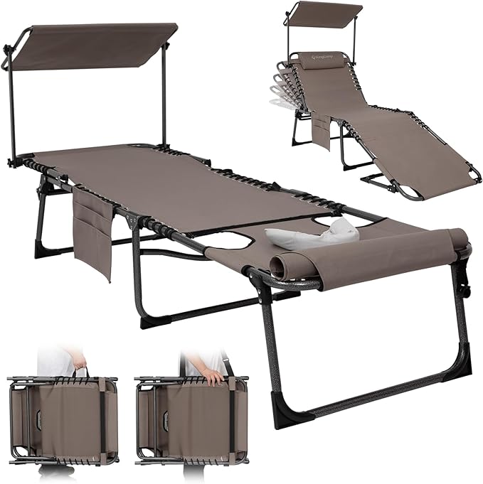 KingCamp 2 Pack Tanning Chair with Face Hole, Lounge Chairs Outdoor Folding Portable Comfy Adjustable 5-Position Foldable Chaise Chaser with Canopy Shade for Outside Beach, Beige