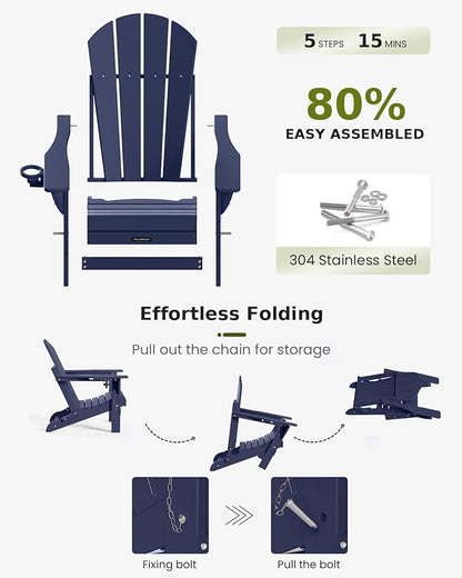 MUCHENGHY Folding Adirondack Chairs Set of 4, Patio & Outdoor Chairs, Plastic Weather Resistant with Cup Holder for Deck, Backyard, Garden (Dark Navy Blue)