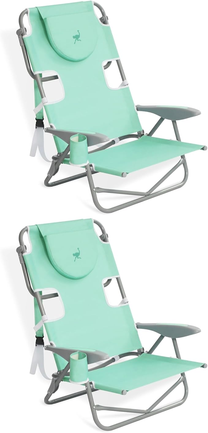 Ostrich Lightweight Portable Outdoor On Your Back Folding Chair for Relaxing with 5 Seat Adjustment Backpack Straps and Cup Holder, Teal (2 Pack)