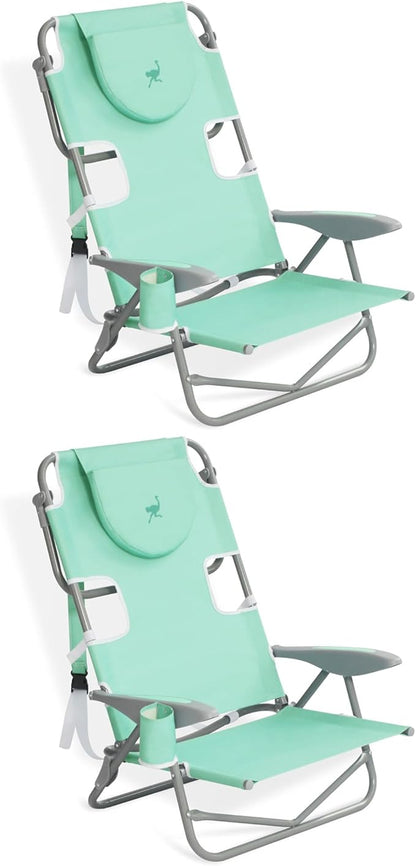 Ostrich Lightweight Portable Outdoor On Your Back Folding Chair for Relaxing with 5 Seat Adjustment Backpack Straps and Cup Holder, Teal (2 Pack)