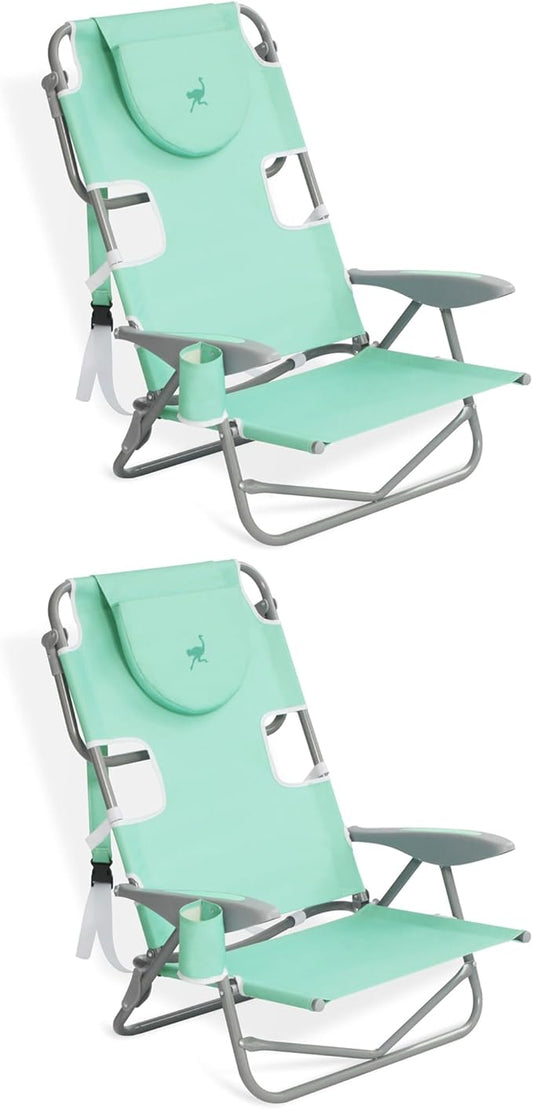 Ostrich Lightweight Portable Outdoor On Your Back Folding Chair for Relaxing with 5 Seat Adjustment Backpack Straps and Cup Holder, Teal (2 Pack)