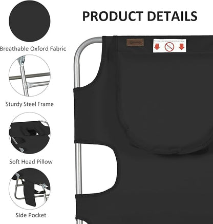 Outsunny Chaise Lounge Chair Outdoor with Face Arm Hole, 5-Position Reclining Face Down Tanning Chair with Carry Strap, Side Pocket, Portable Folding Bed Cot for Patio Beach Pool, Black