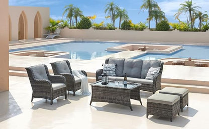 HUMMUH Outdoor Coffee Table Patio Rattan Patio Side Table Built-in Black Glass Top PE Wicker Rectangle Sofa Table Grey
